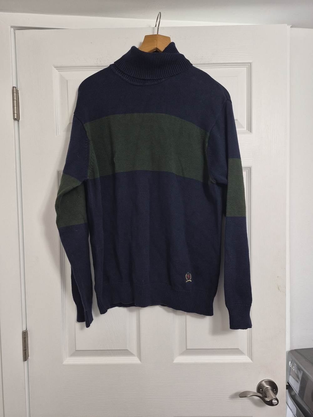 Tommy Hilfiger Navy and Green Stripe Turtleneck Sweater